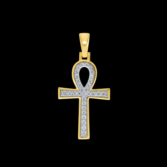 10K YELLOW GOLD .40 CARAT 1.25 INCHES REAL DIAMOND ANKH PENDANT CHARM WITH GOLD CHAIN