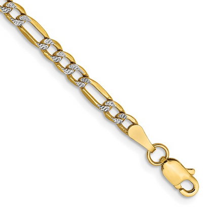 14K Semi-Solid with Silver Tone Rhodium Pavé Figaro with Lobster Clasp Bracelet