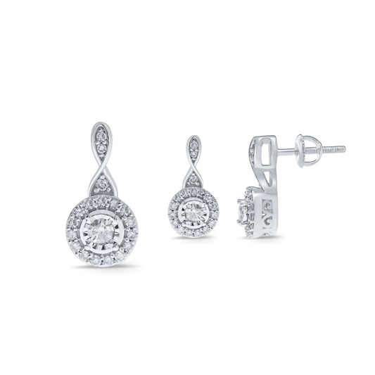 10K WHITE GOLD .60 CARAT REAL DIAMOND EARRINGS & PENDANT NECKLACE SET WITH WHITE GOLD CHAIN