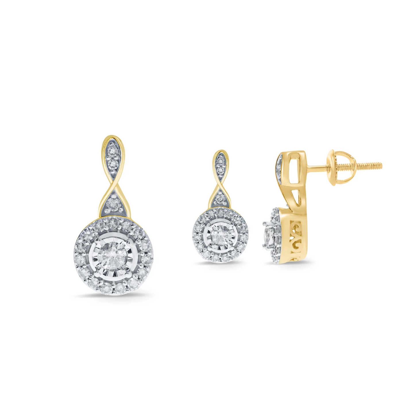 10K YELLOW GOLD .60 CARAT REAL DIAMOND EARRINGS & PENDANT NECKLACE SET WITH YELLOW GOLD CHAIN / SKU SET00051-YG