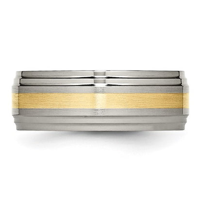 Chisel Titanium Brushed Center with 14k Gold Inlay 8mm Ridged Edge Band