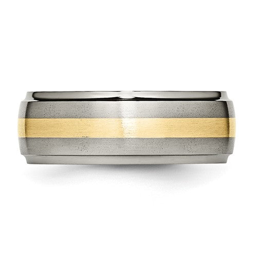 Chisel Titanium Brushed Center with 14k Gold Inlay 8mm Ridged Edge Band