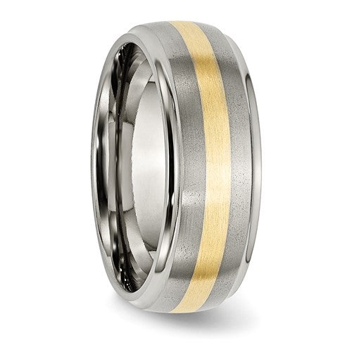 Chisel Titanium Brushed Center with 14k Gold Inlay 8mm Ridged Edge Band