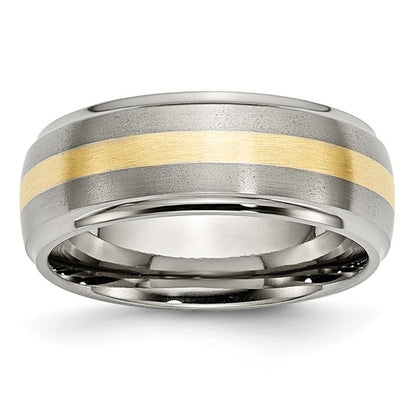 Chisel Titanium Brushed Center with 14k Gold Inlay 8mm Ridged Edge Band