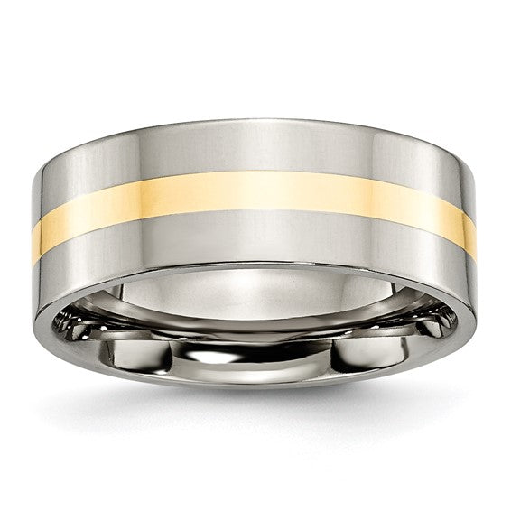 Chisel Titanium Polished with 14k Gold Inlay 8mm Flat Band