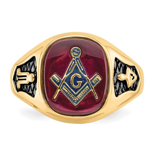 14k Men's Polished and Textured with Black Enamel and Lab Created Ruby Masonic Ring