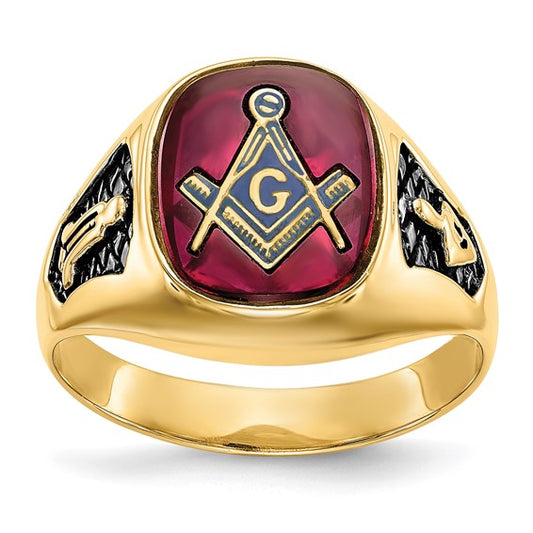 14k Men's Polished and Textured with Black Enamel and Lab Created Ruby Masonic Ring