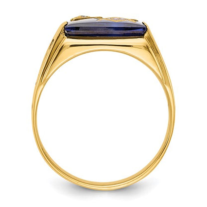 14k Men's Polished and Textured with Black Enamel, Imitation Blue Spinel and AA Quality Diamond Masonic Ring