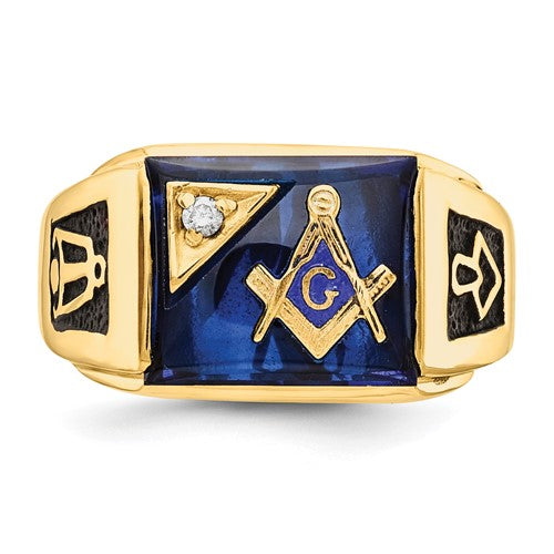 14k Men's Polished and Textured with Black Enamel, Imitation Blue Spinel and AA Quality Diamond Masonic Ring