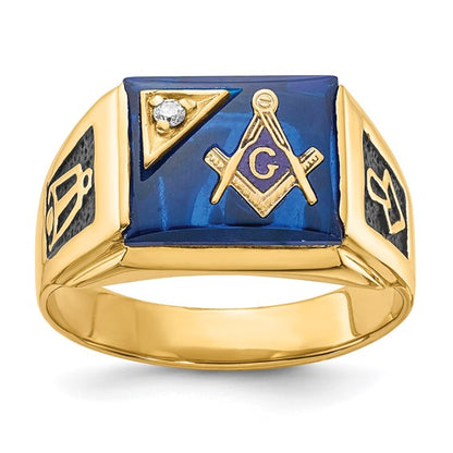 14k Men's Polished and Textured with Black Enamel, Imitation Blue Spinel and AA Quality Diamond Masonic Ring