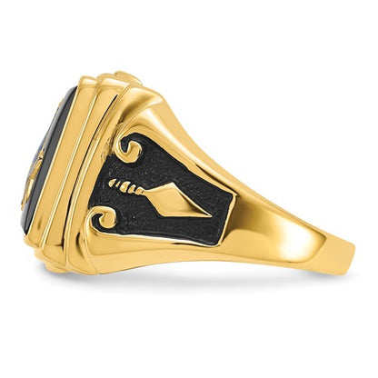 14k Men's Polished and Textured with Black Enamel and Onyx Masonic Ring