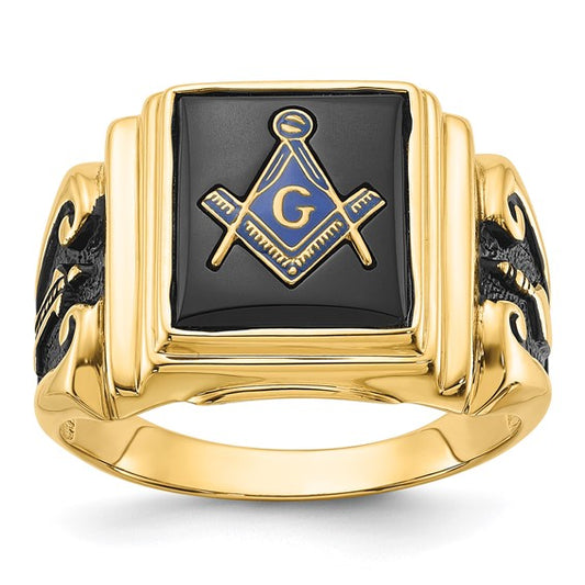 14k Men's Polished and Textured with Black Enamel and Onyx Masonic Ring