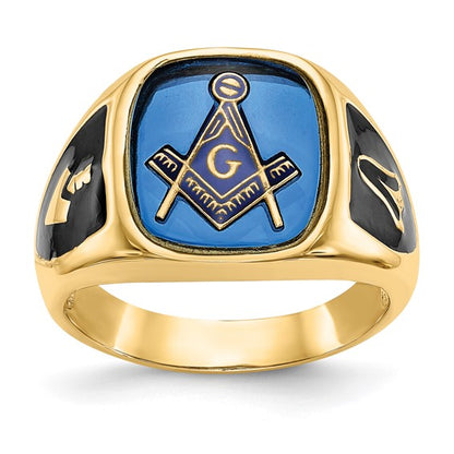 14k Men's Polished, Antiqued and Textured with Imitation Blue Spinel Masonic Ring