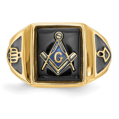 14k Men's Polished, Antiqued and Textured Onyx Masonic Ring