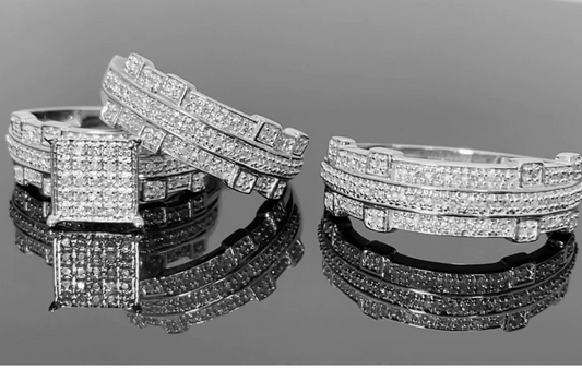 10K WHITE GOLD .65 CT MEN WOMEN DIAMOND TRIO ENGAGEMENT WEDDING RING BAND SET