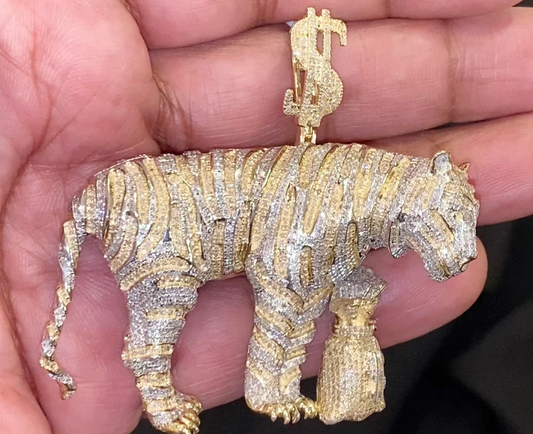 10K YELLOW GOLD 7.50 CARAT REAL DIAMOND 2.50 INCHES TIGER CHEETAH LION PENDANT CHARM / SKU PE6Q0561GQ-YG