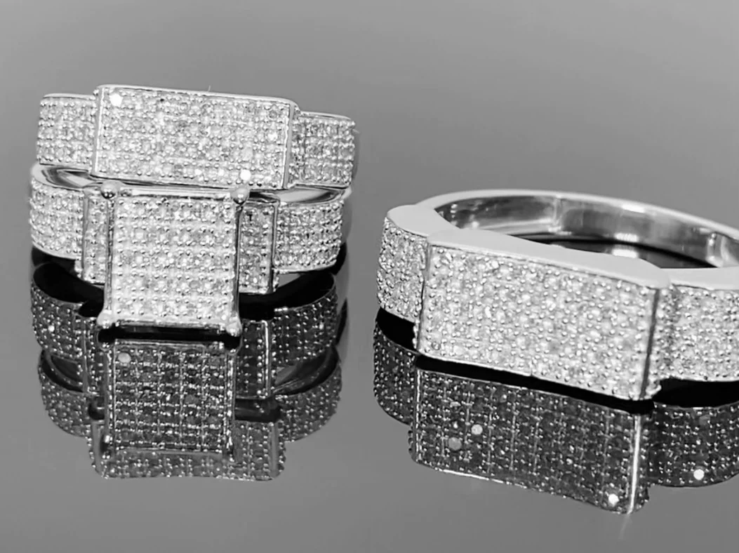 10K WHITE GOLD .90 CT MEN WOMEN DIAMOND TRIO ENGAGEMENT WEDDING RING BAND SET