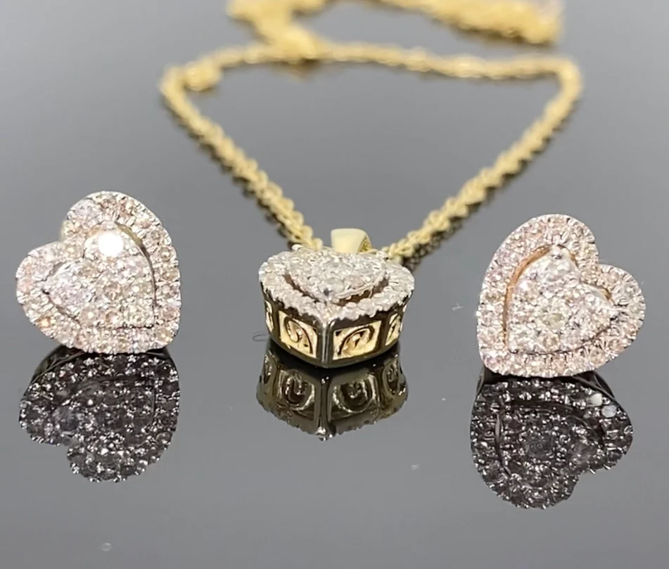 10K YELLOW GOLD .60 CARAT REAL DIAMOND HEART EARRINGS & PENDANT NECKLACE SET WITH YELLOW GOLD CHAIN / SKU SET00103-YG