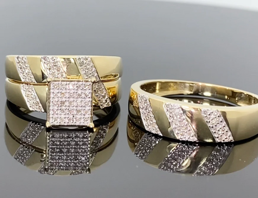 10K YELLOW GOLD .40 CARAT MEN WOMEN DIAMOND TRIO ENGAGEMENT WEDDING RING BAND SET