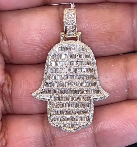10K YELLOW GOLD 2.75 CARAT REAL DIAMOND 1.50 INCHES HAMSA HAND PENDANT CHARM